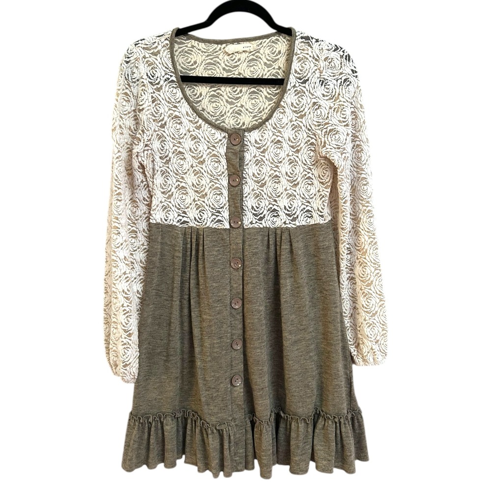 A'reve Boho‎ Tunic Dress Womens Small Lace Long Sleeve Button Front Ruffle